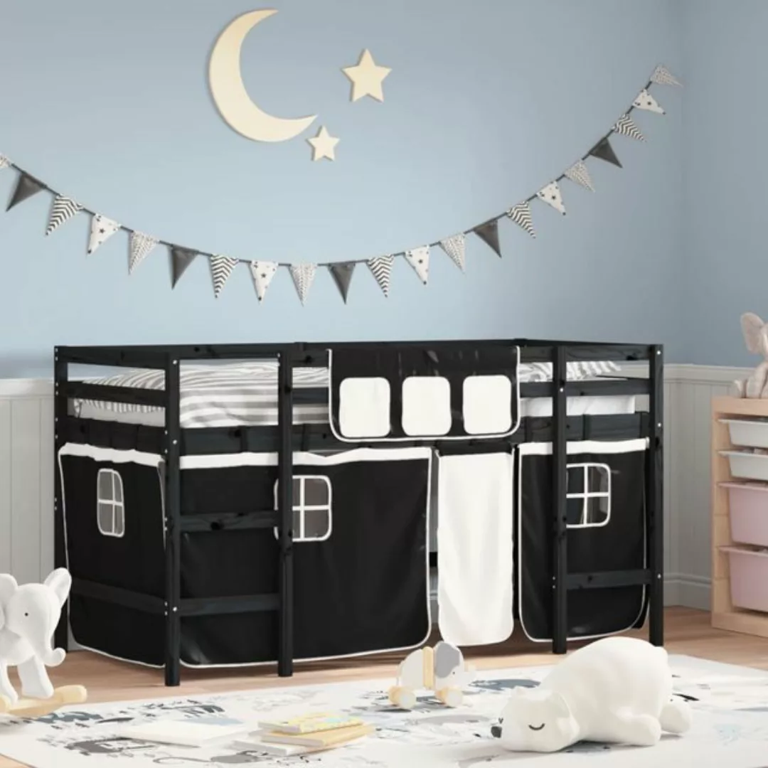 vidaXL Bett Kinderhochbett mit Vorhängen Weiß Schwarz 90x190 cm Kiefernholz günstig online kaufen