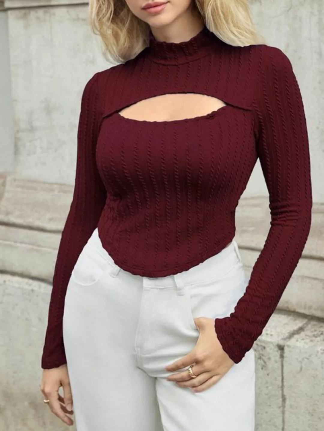 RUZU UG Blusentop Hemdbluse Damen Hollow Fashion Slim Langarm-Cropped-Top günstig online kaufen