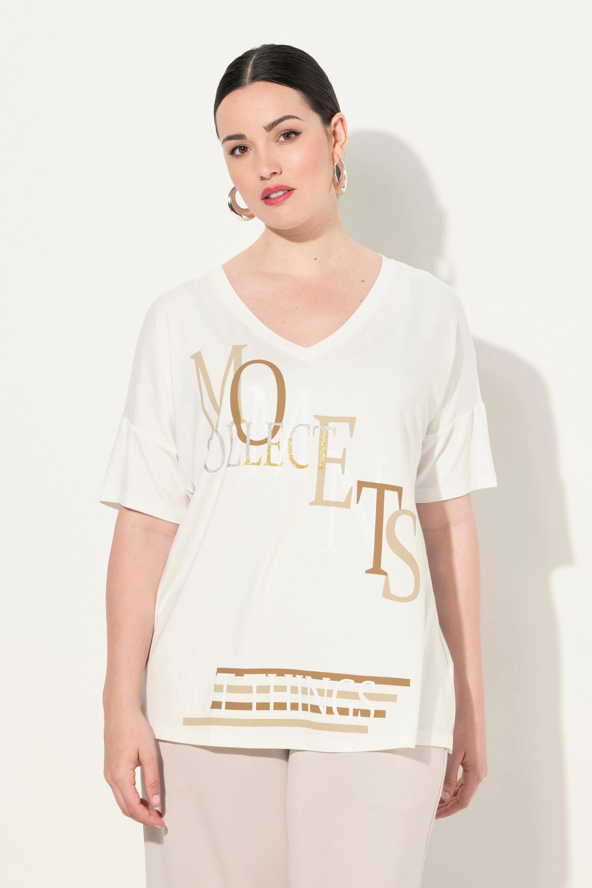 Ulla Popken T-Shirt T-Shirt Schriftmotiv V-Ausschnitt günstig online kaufen