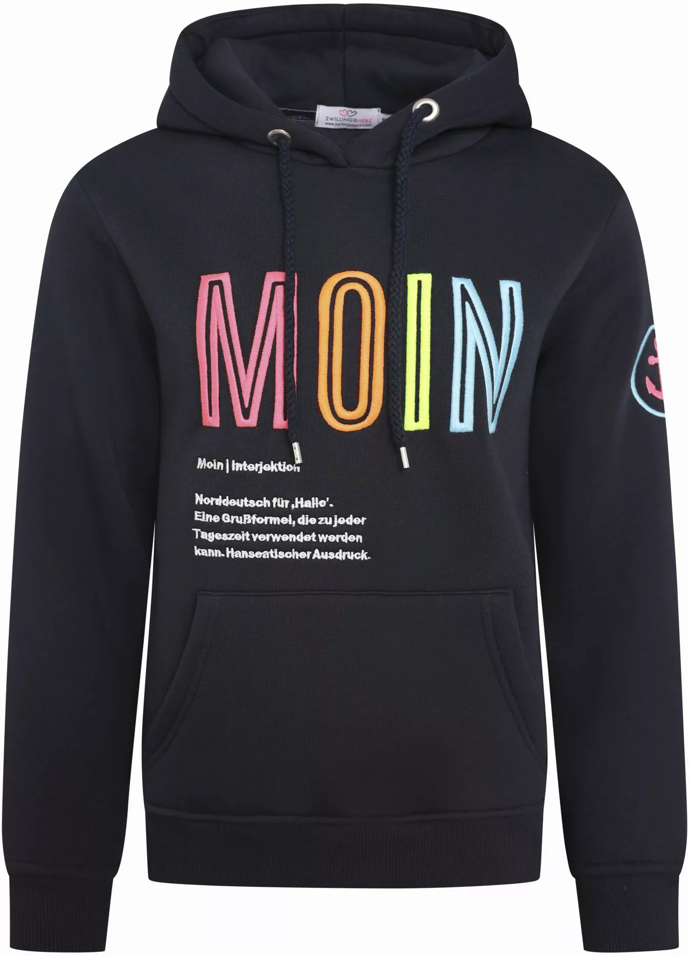 Zwillingsherz Sweatshirt, mit aufgesticktem „Moin“-Schriftzug in Neonfarben günstig online kaufen