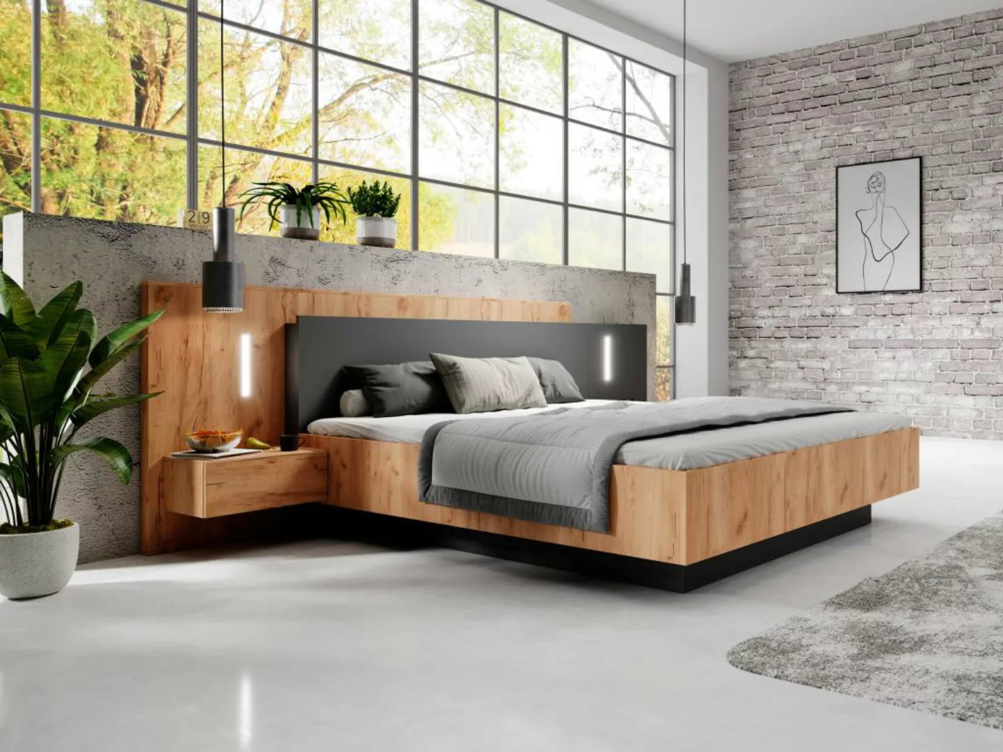 Bett mit Bettkasten mit Nachttischen - 160 x 200 cm - 2 Schubladen + LEDs - günstig online kaufen