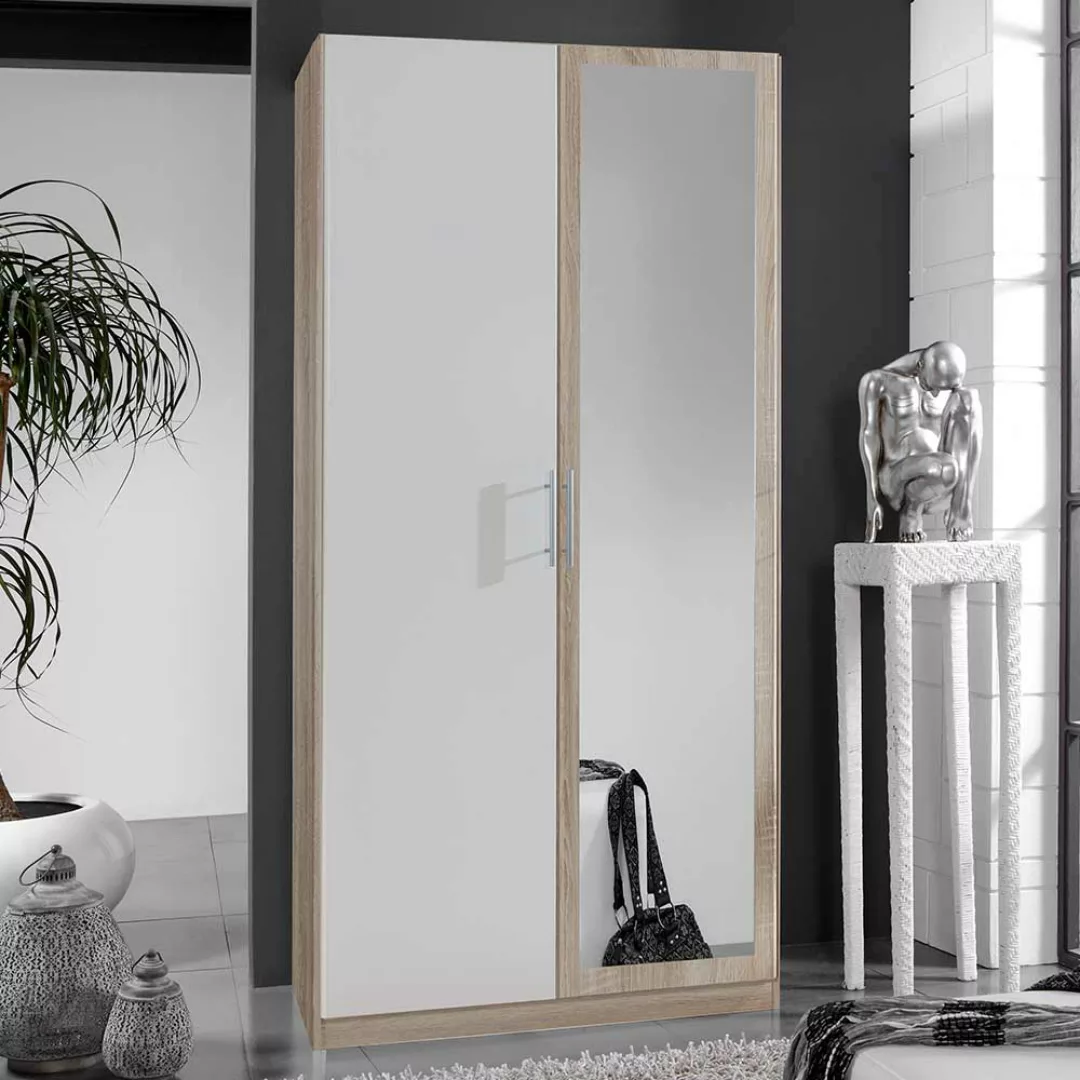 Gästezimmer Kleiderschrank mit Spiegeltür Eiche Sägerau und Weiß günstig online kaufen