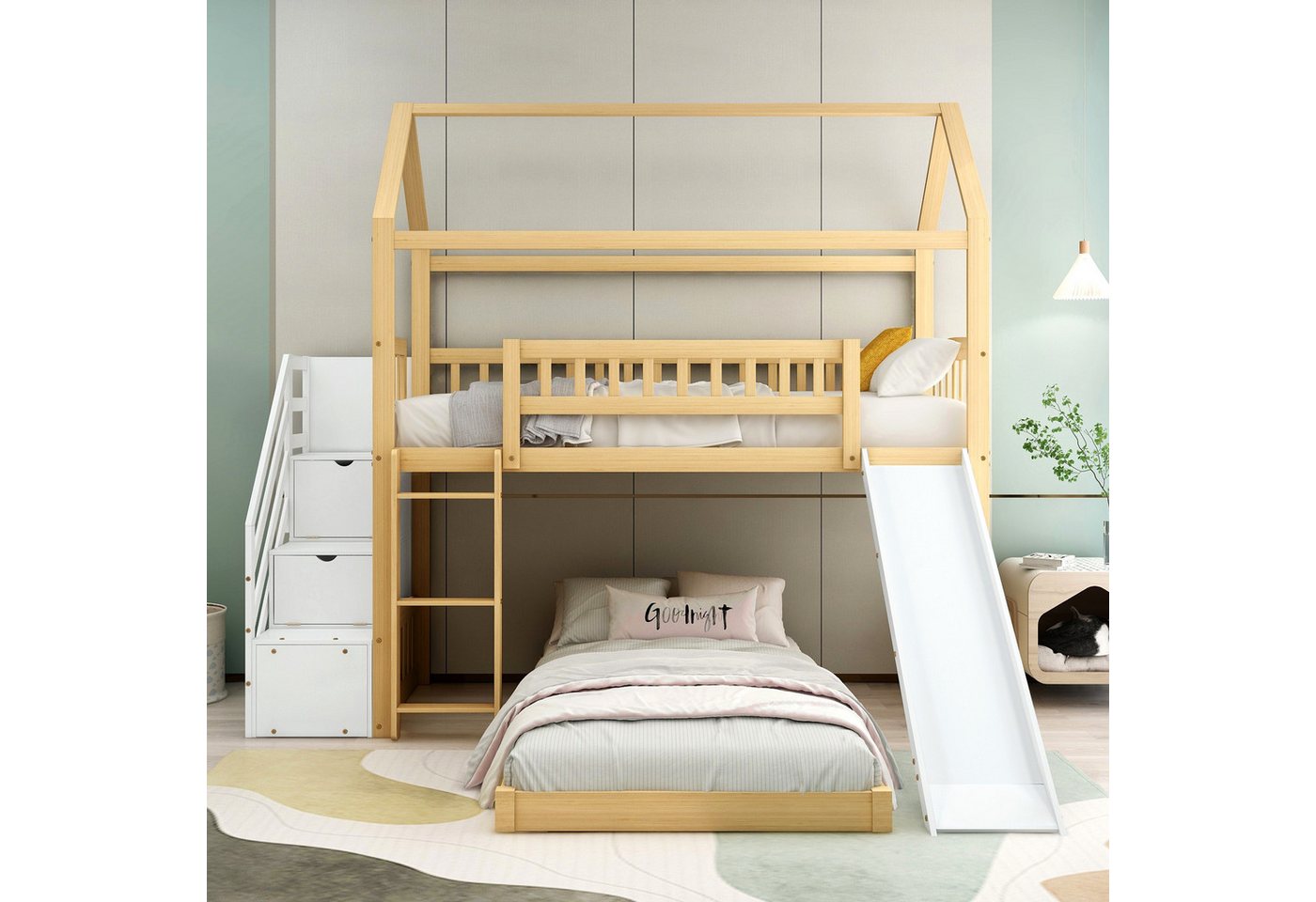 TavilaEcon Etagenbett Hausbett Kinderbett mit Treppe, Handlauf und rechtwin günstig online kaufen