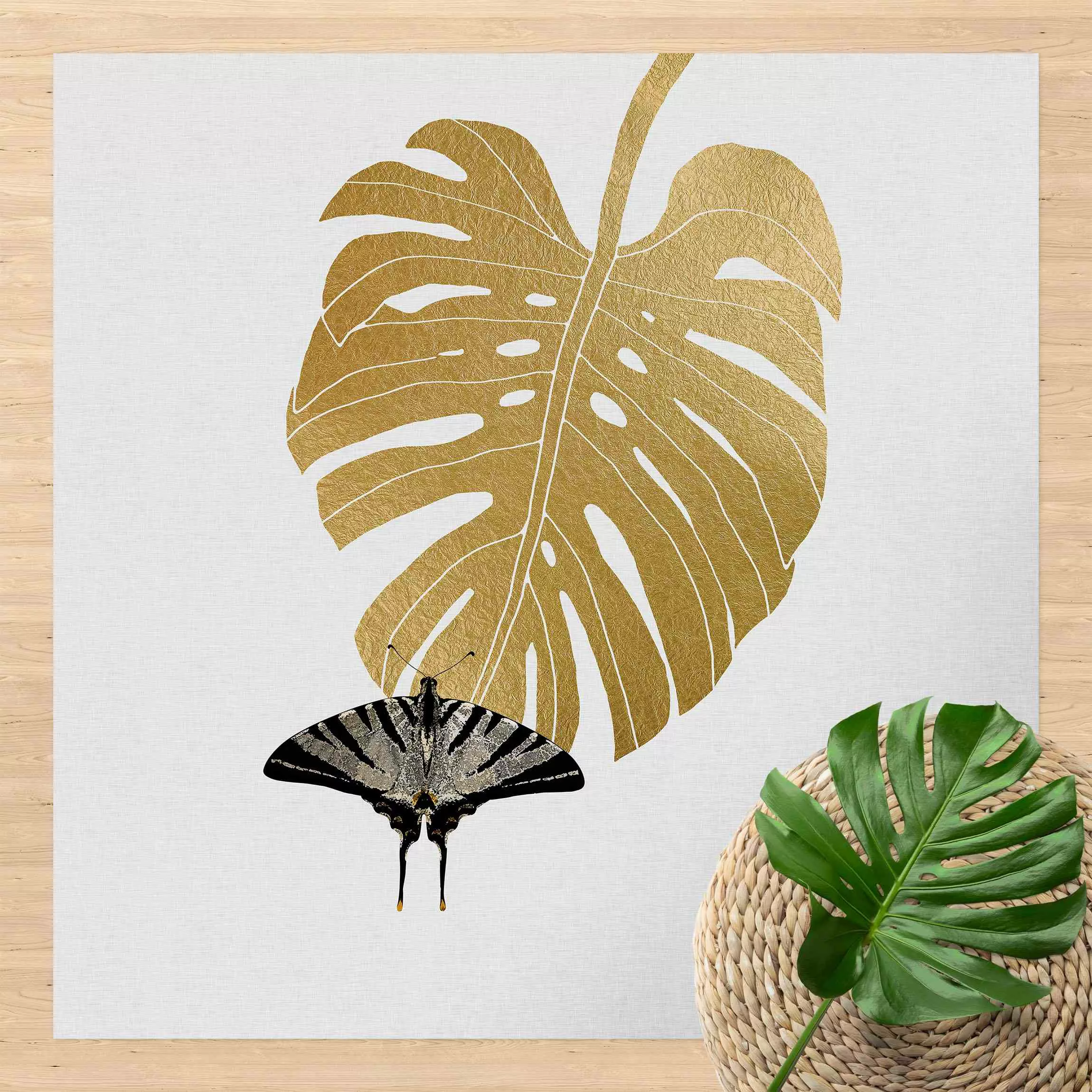 Vinyl-Teppich Goldene Monstera mit Schmetterling günstig online kaufen