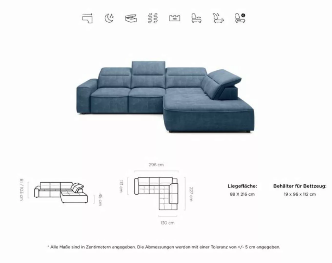 WOHNKLUSIV Ecksofa Design Ecksofa FERRARA, Bettkasten, elektrische Sitztief günstig online kaufen