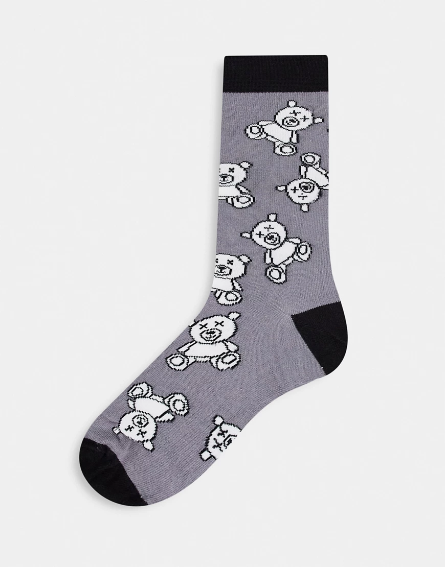ASOS DESIGN – Knöchelhohe Socken in Grau mit Teddybärmuster günstig online kaufen