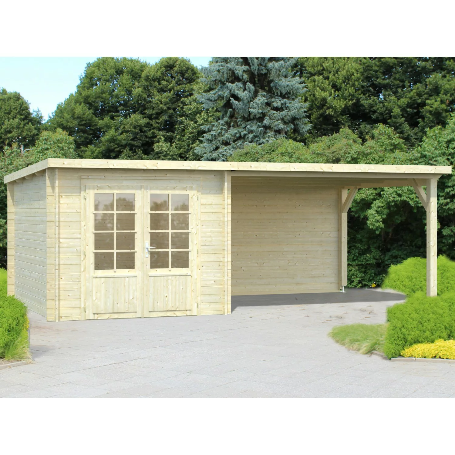 Palmako Ella Holz-Gartenhaus Hellbraun Flachdach Tauchgrundiert 592 cm x 30 günstig online kaufen