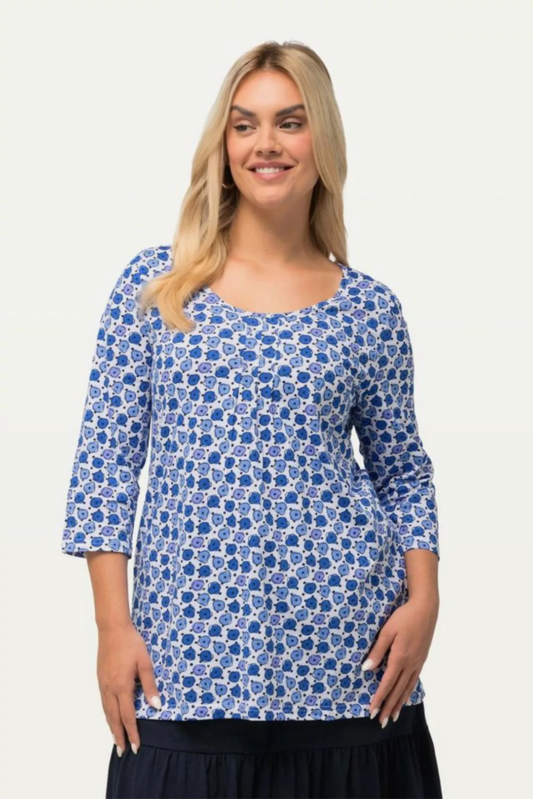 Ulla Popken Longsleeve Shirt Blüten A-Linie Zierfalten V-Ausschnitt günstig online kaufen