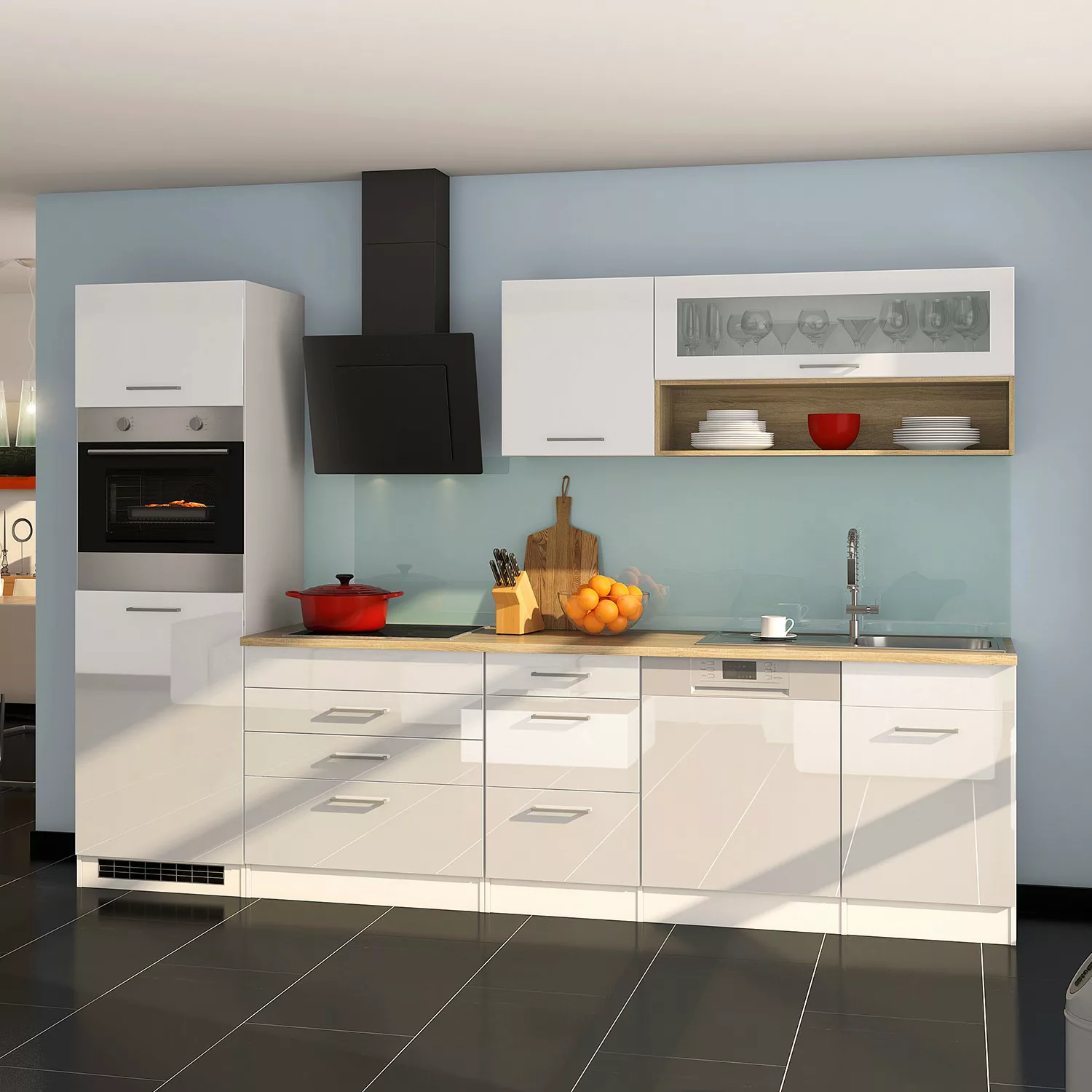 Held Möbel Küchenzeile Mailand 300 cm Grau Hochglanz-Grau Matt mit E-Geräte günstig online kaufen