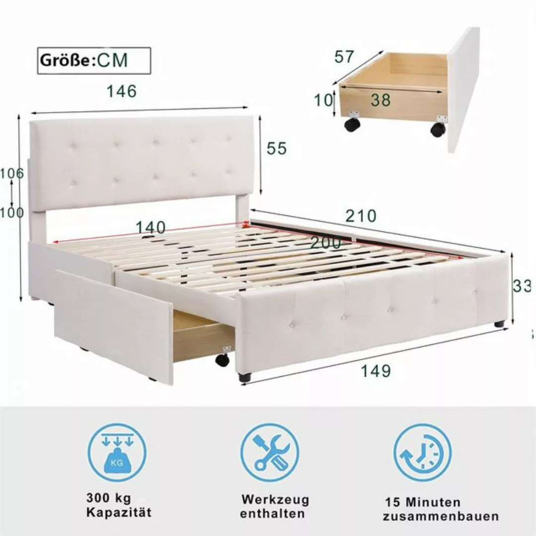 Fangqi Polsterbett 140*200 cm großes gepolstertes Doppelbett mit vier Schub günstig online kaufen