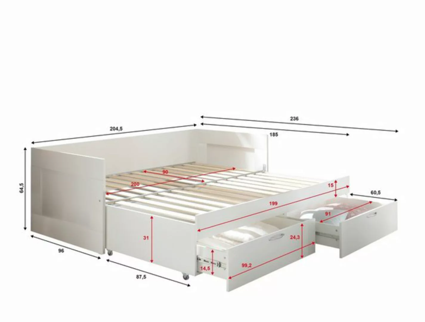 Pol-Power Einzelbett 205 x 68 x 97 cm (B/H/T) günstig online kaufen