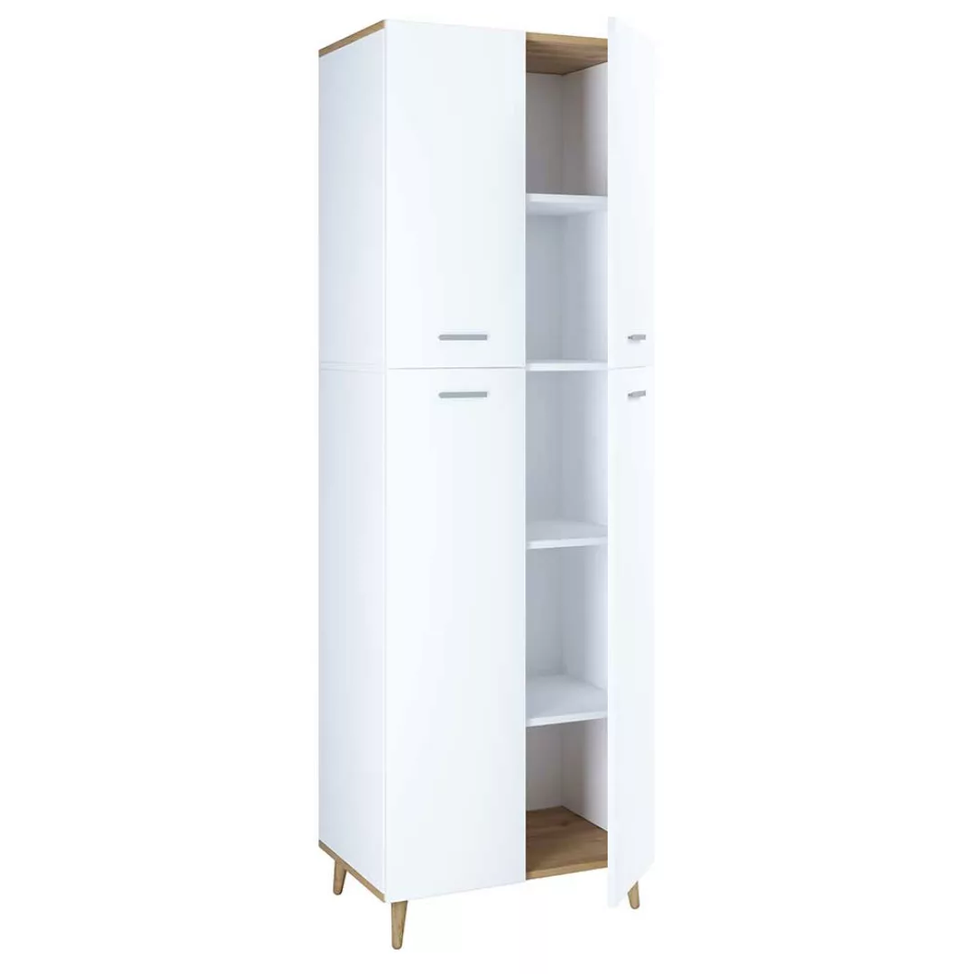 Wäsche Hochschrank modern in Weiß Wildeiche Honigfarben günstig online kaufen