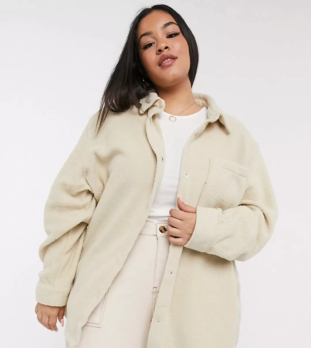 ASOS DESIGN Curve – Fleece-Hemdjacke in Creme-Neutral günstig online kaufen