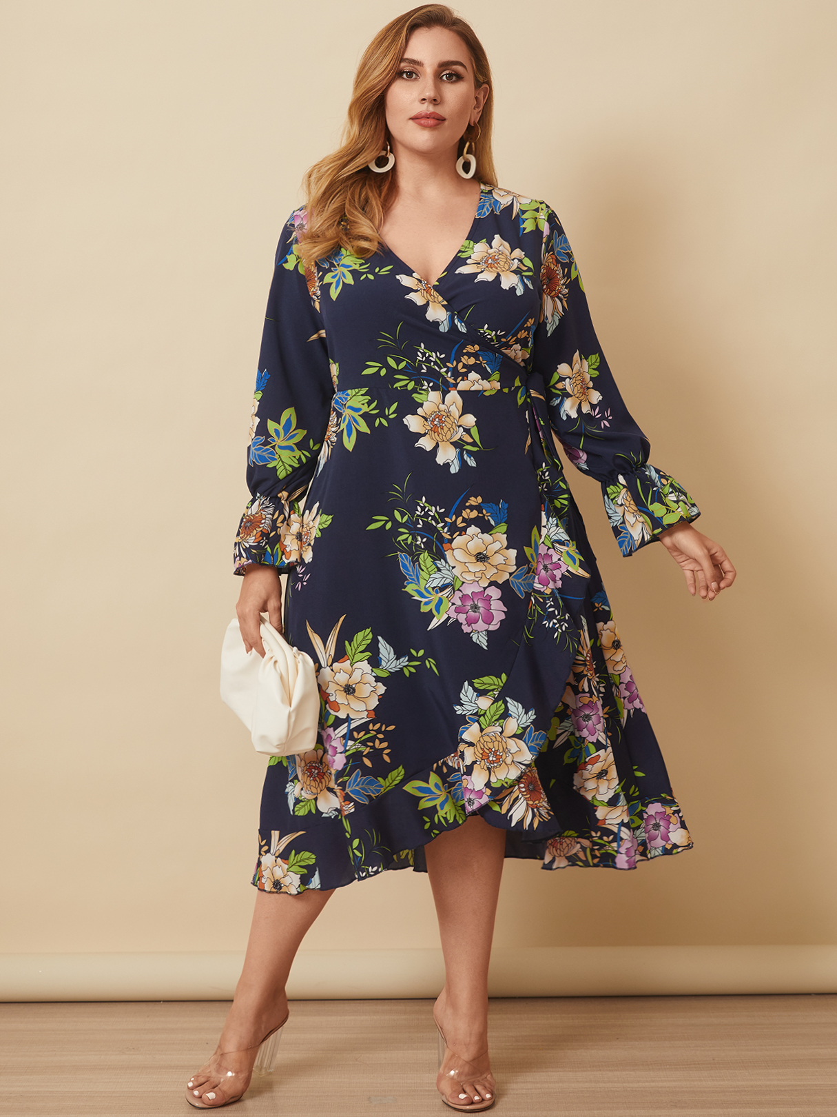 Plus Size V-Ausschnitt Bindedesign Wickeldesign Lange Ärmel Kleid günstig online kaufen