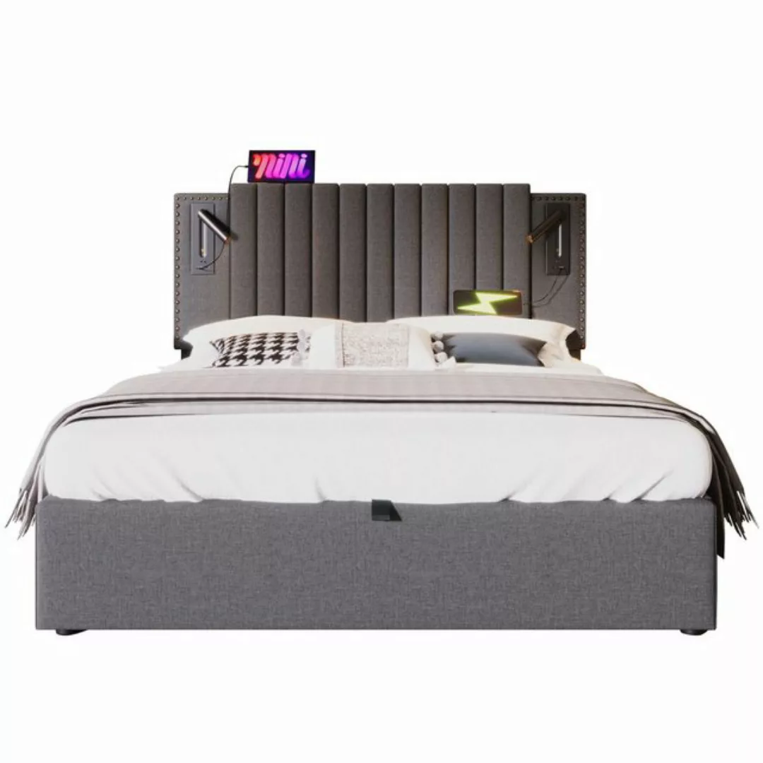 Gotagee Polsterbett USB Baumwolle Doppelbett Stauraumbett Flaches Bett Grau günstig online kaufen