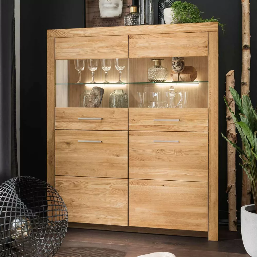 Highboard Vitrine 2 Glastüren Wildeiche Massivholz günstig online kaufen