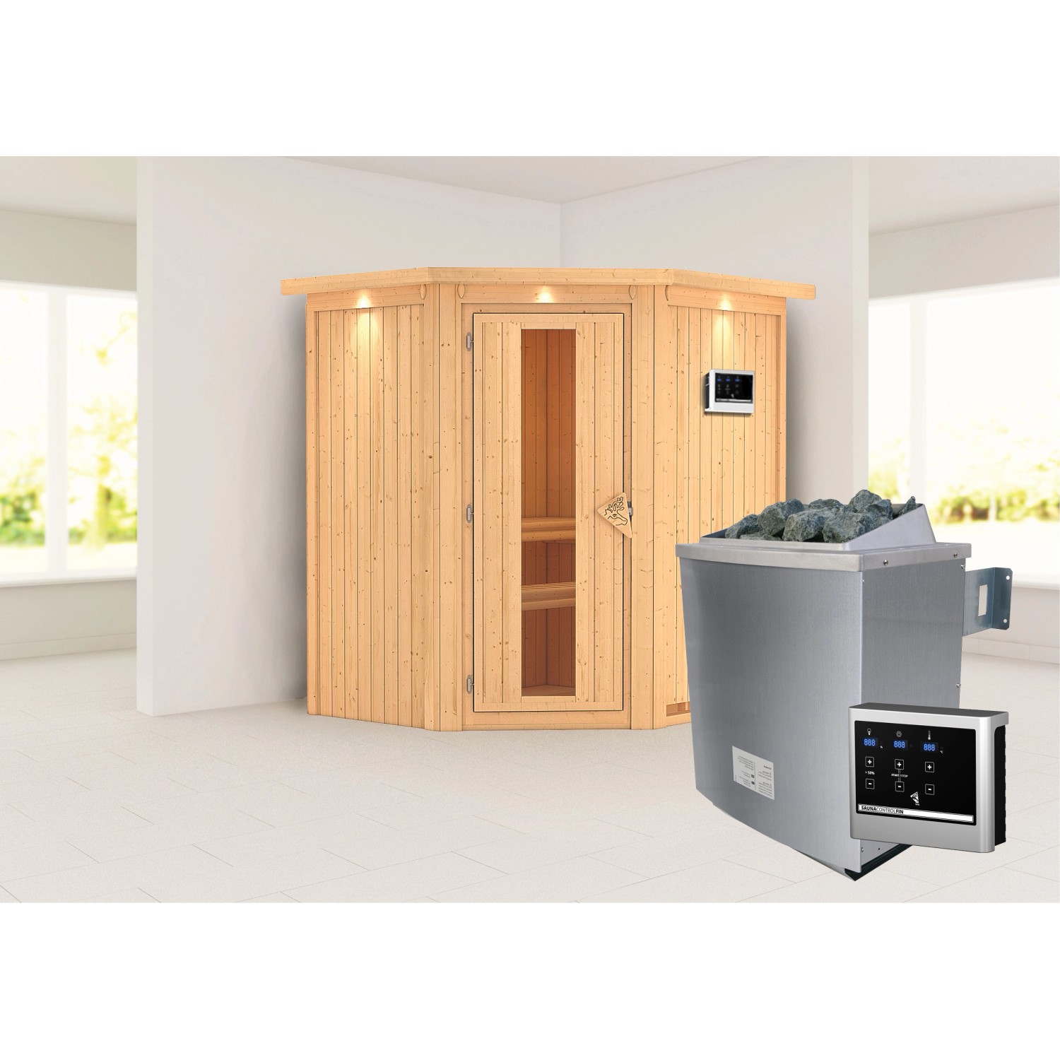 Karibu Sauna Tjorven + Ofen ext. Strg. Easy, Holz-Glastür, LED-Dachkranz günstig online kaufen