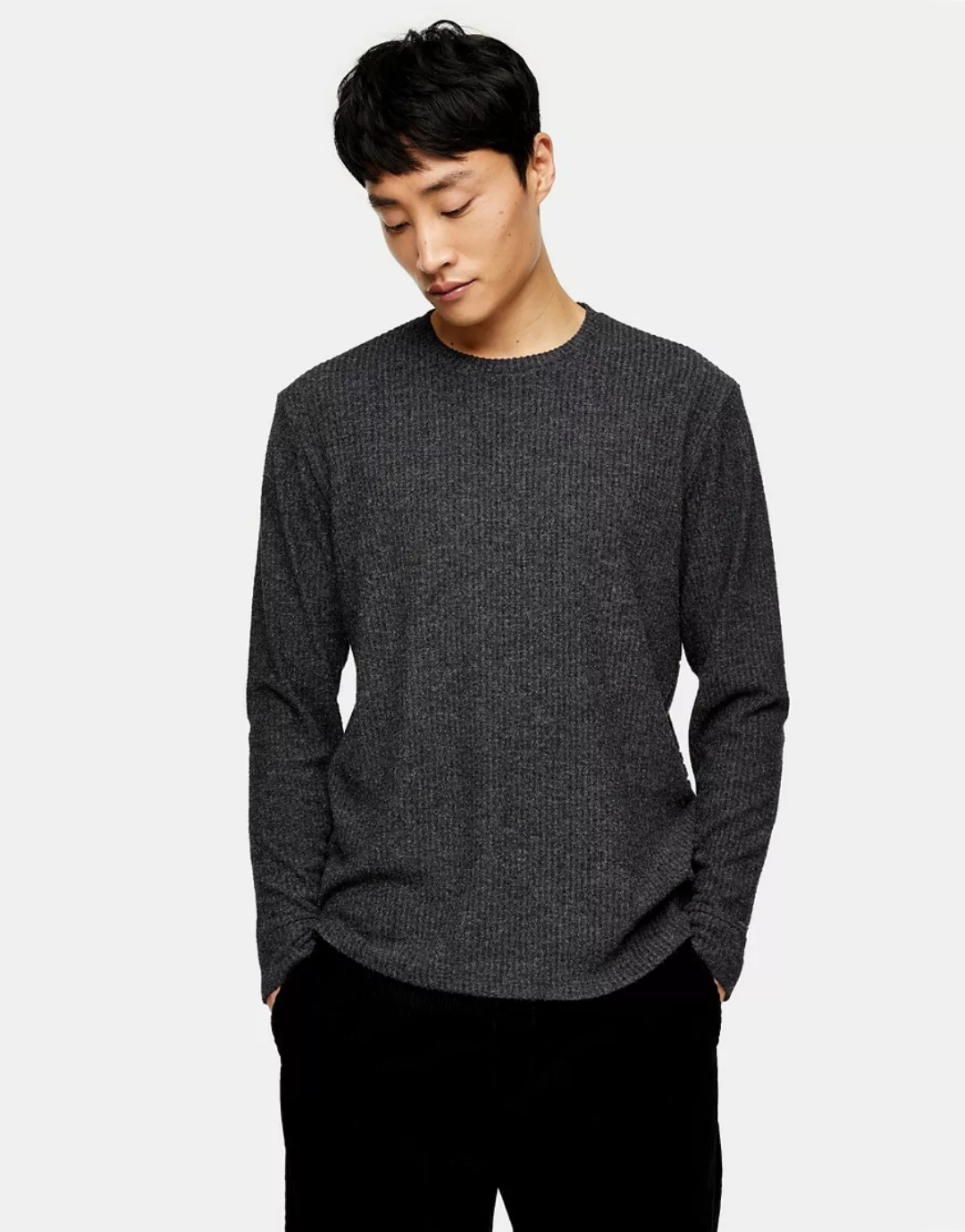 Topman – Langärmliges, geripptes Shirt in Anthrazit-Grau günstig online kaufen