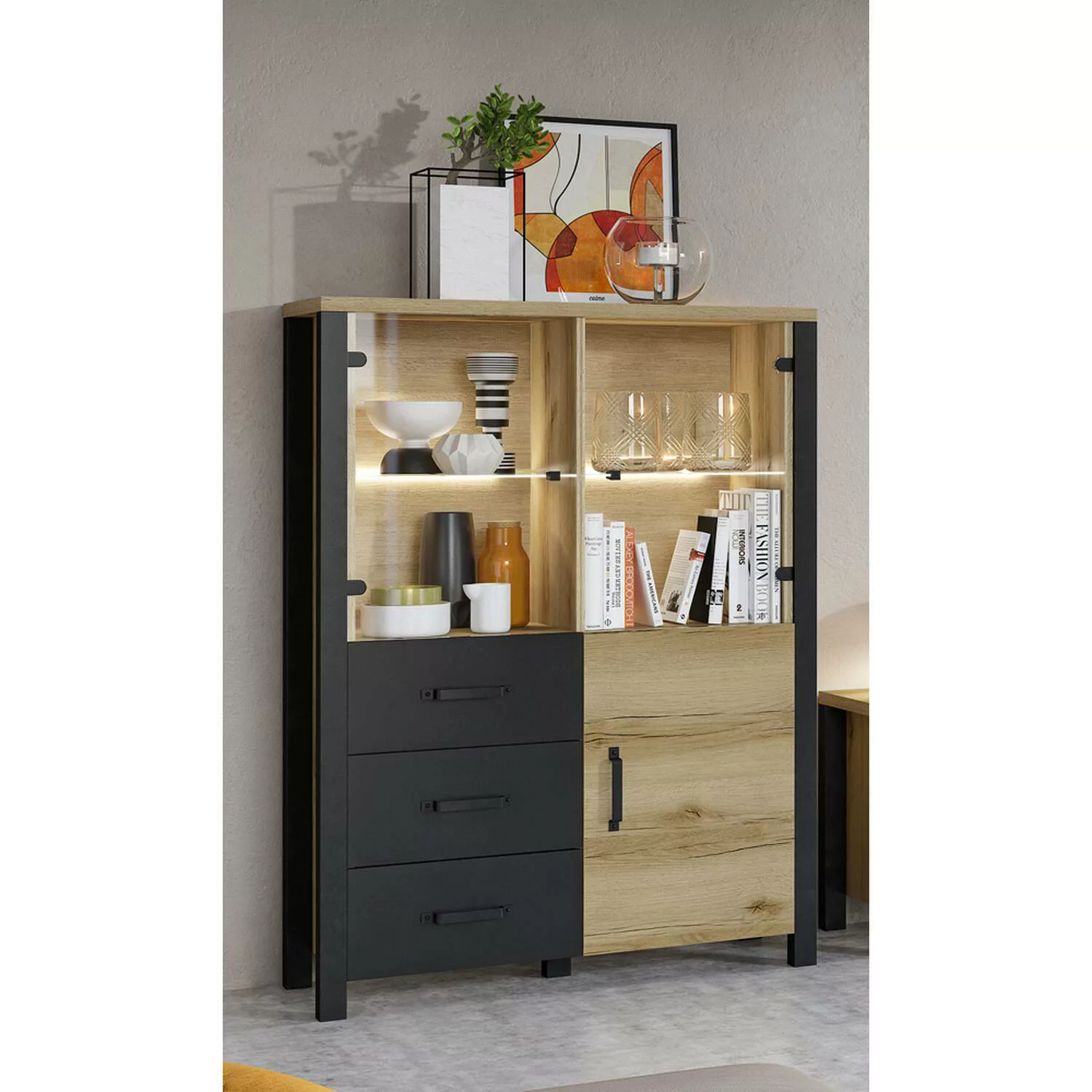 Wohn-/Esszimmer Highboard mit LED Beleuchtung in Grand Natural Oak Nb. mit günstig online kaufen