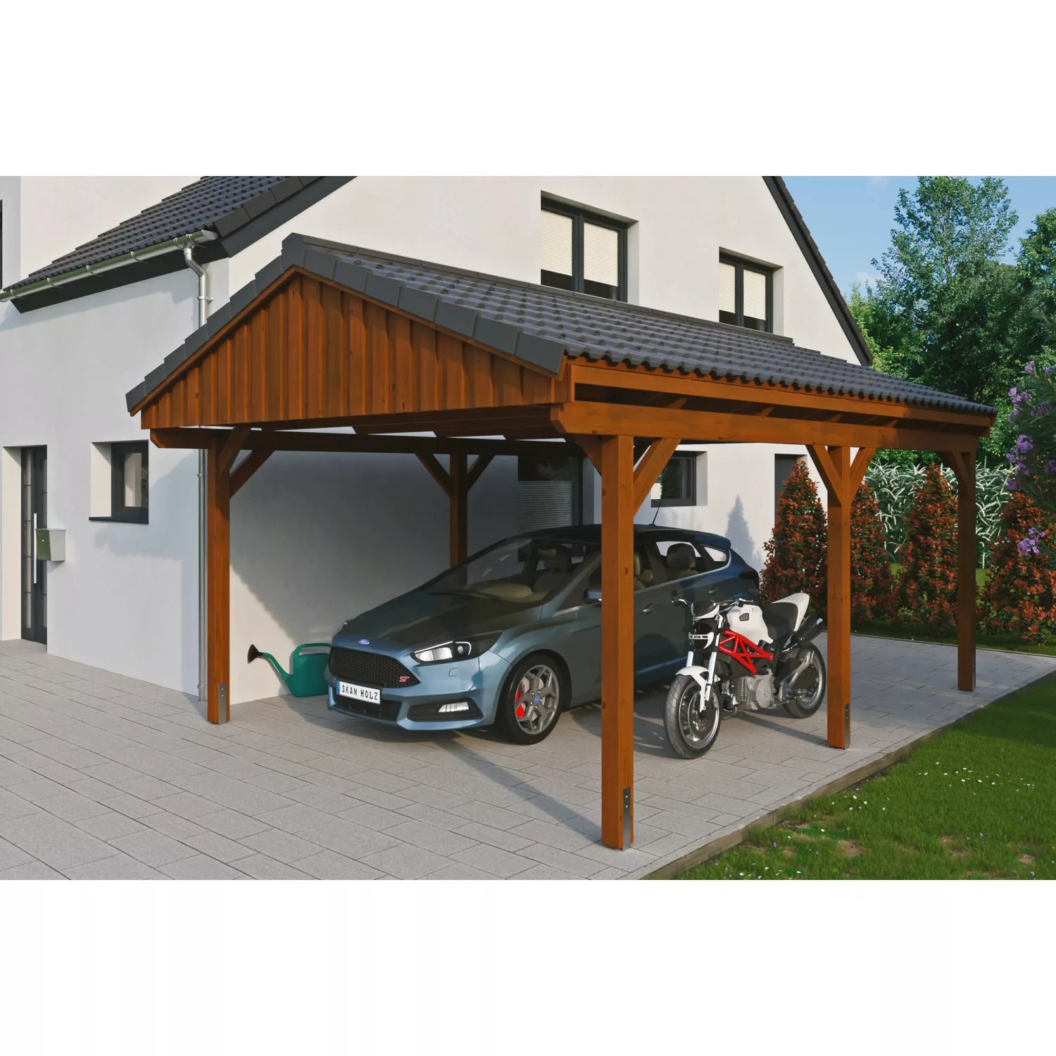 Skan Holz Carport Fichtelberg 423 cm x 566 cm Dachlattung Nussbaum günstig online kaufen