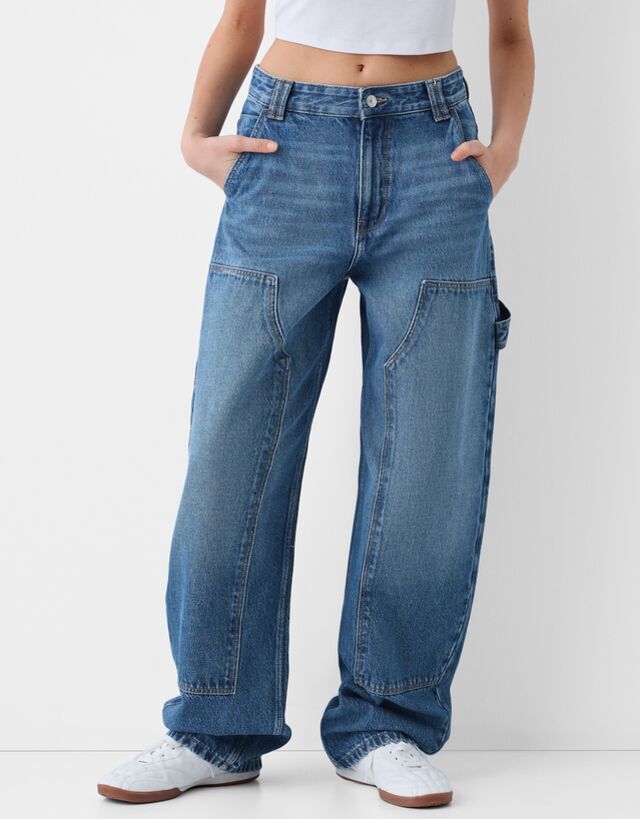 Bershka Workwear-Jeans Im Wide Leg- Und Balloon-Stil Bskteen 40 Ausgewasche günstig online kaufen