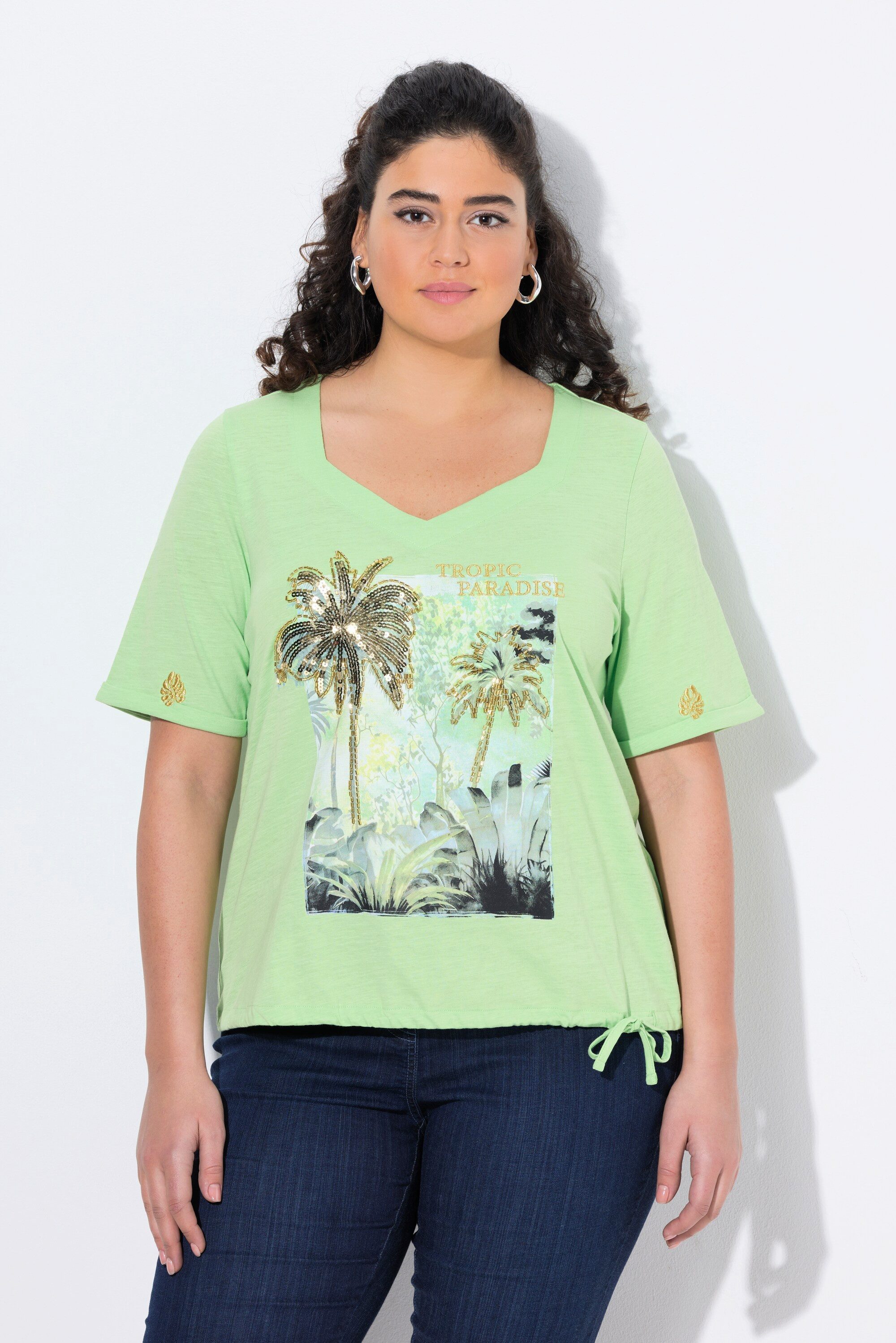 Ulla Popken T-Shirt T-Shirt Tunnelzug Palmen günstig online kaufen