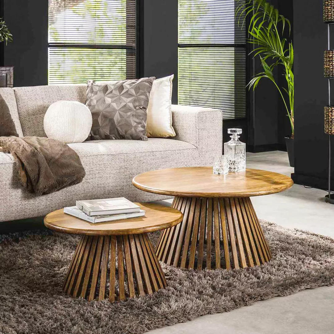 Beistelltische Sofa Holz in Mangoholz Sandfarben runder Tischplatte (zweite günstig online kaufen