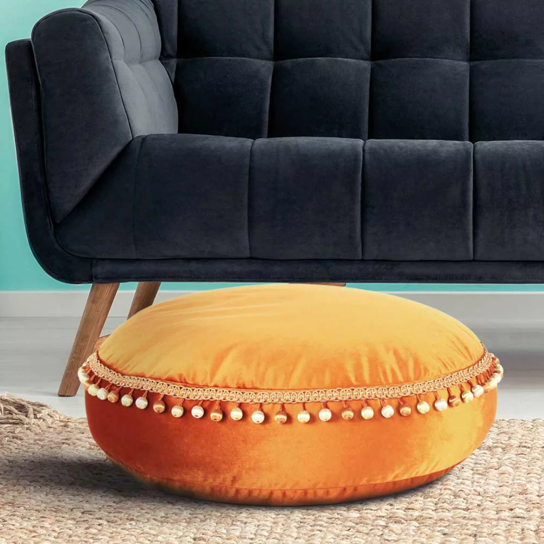 Pouf in Bronzefarben Samt Pompom Borte günstig online kaufen