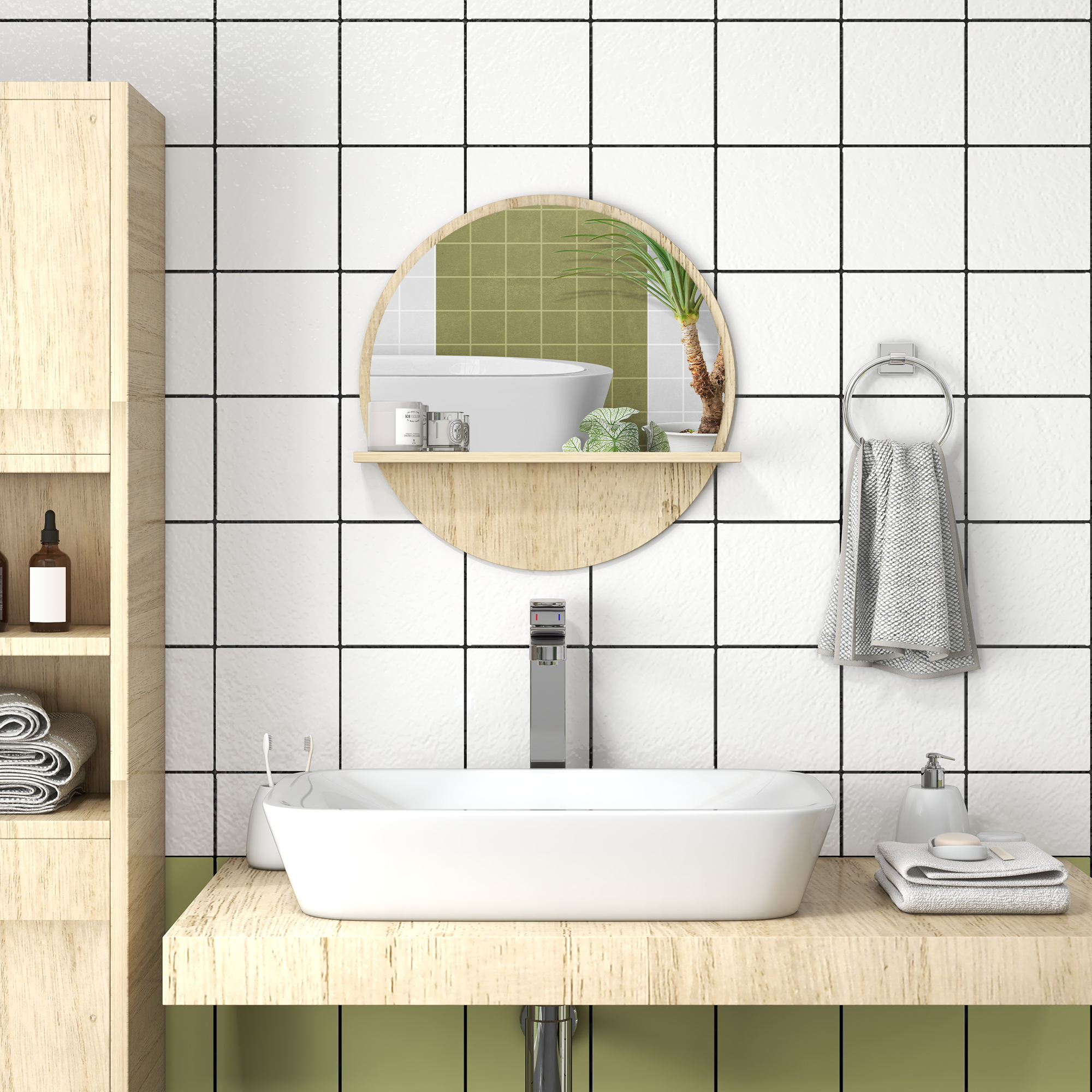kleankin Runder Wand-Badezimmerspiegel mit Regal - Ø 45 x 10H cm - naturhol günstig online kaufen