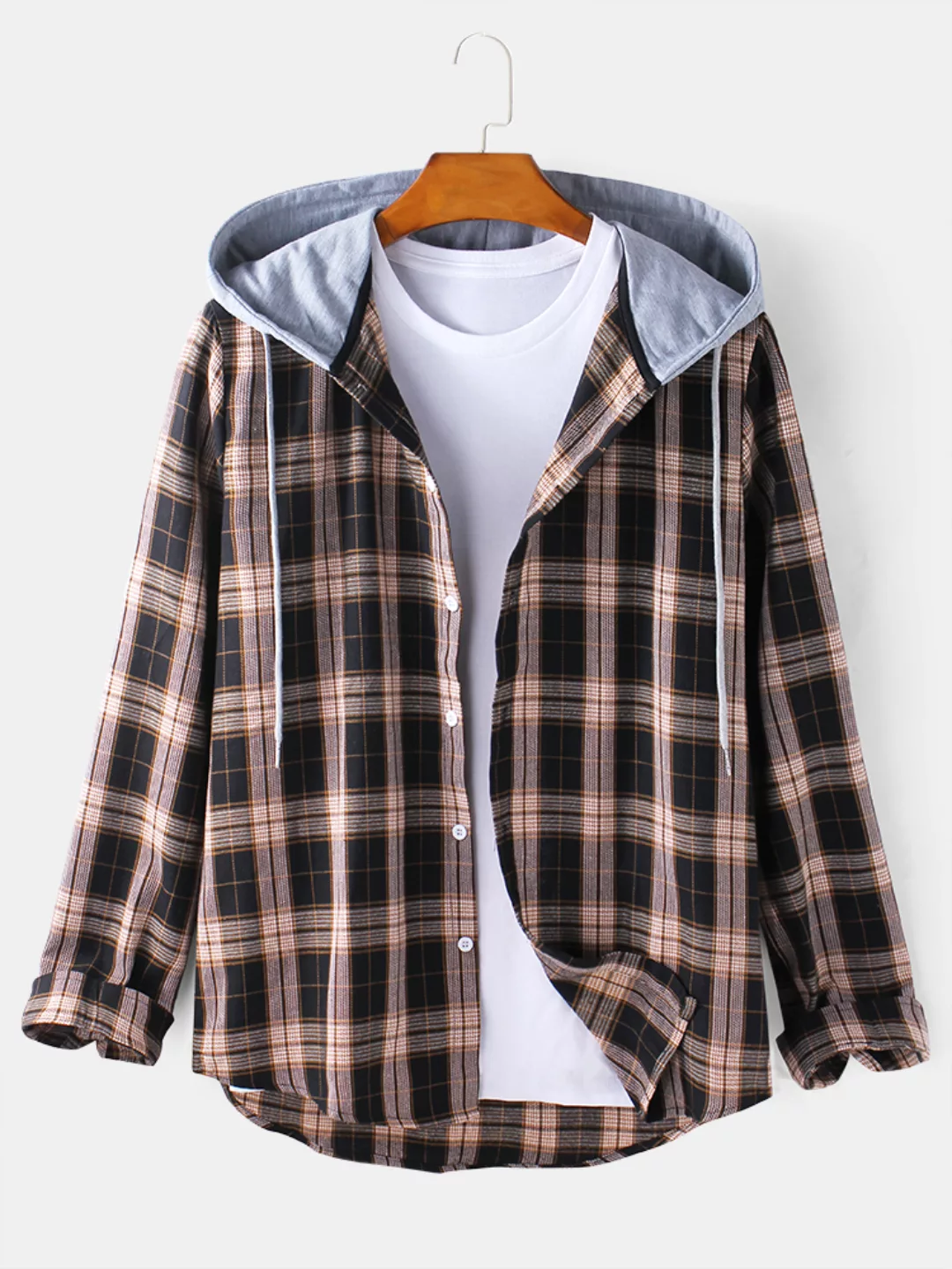 Herren Tartan Button Up Langarm Casual Loose Drawstring Hooded Shirts günstig online kaufen