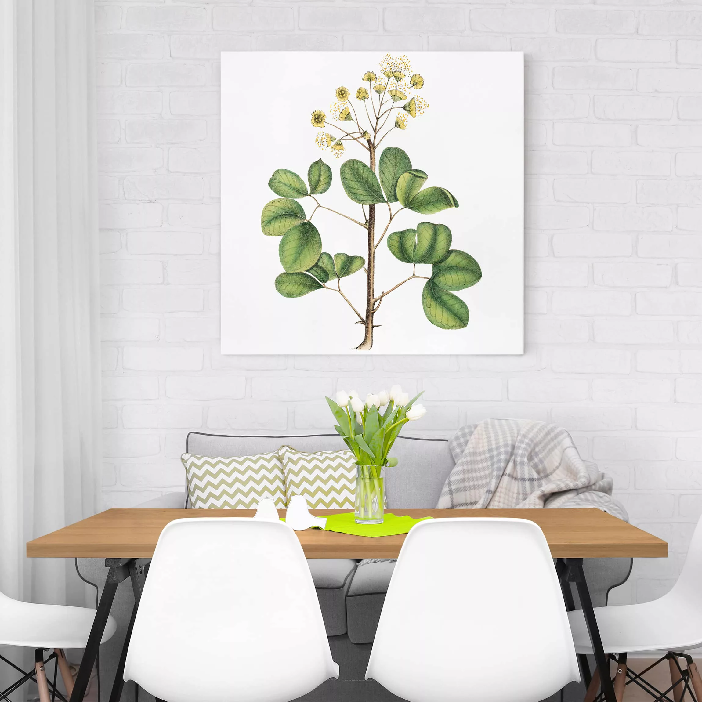 Leinwandbild Botanik - Quadrat Laubwerk mit Blüten IV günstig online kaufen
