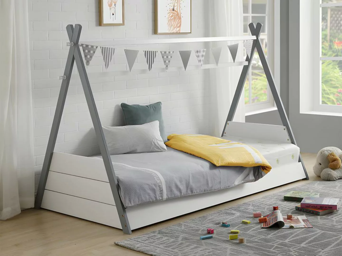 Kinderbett Tipibett - 90 x 190 cm - Kiefernholz - Weiß & Grau - SIOUX günstig online kaufen