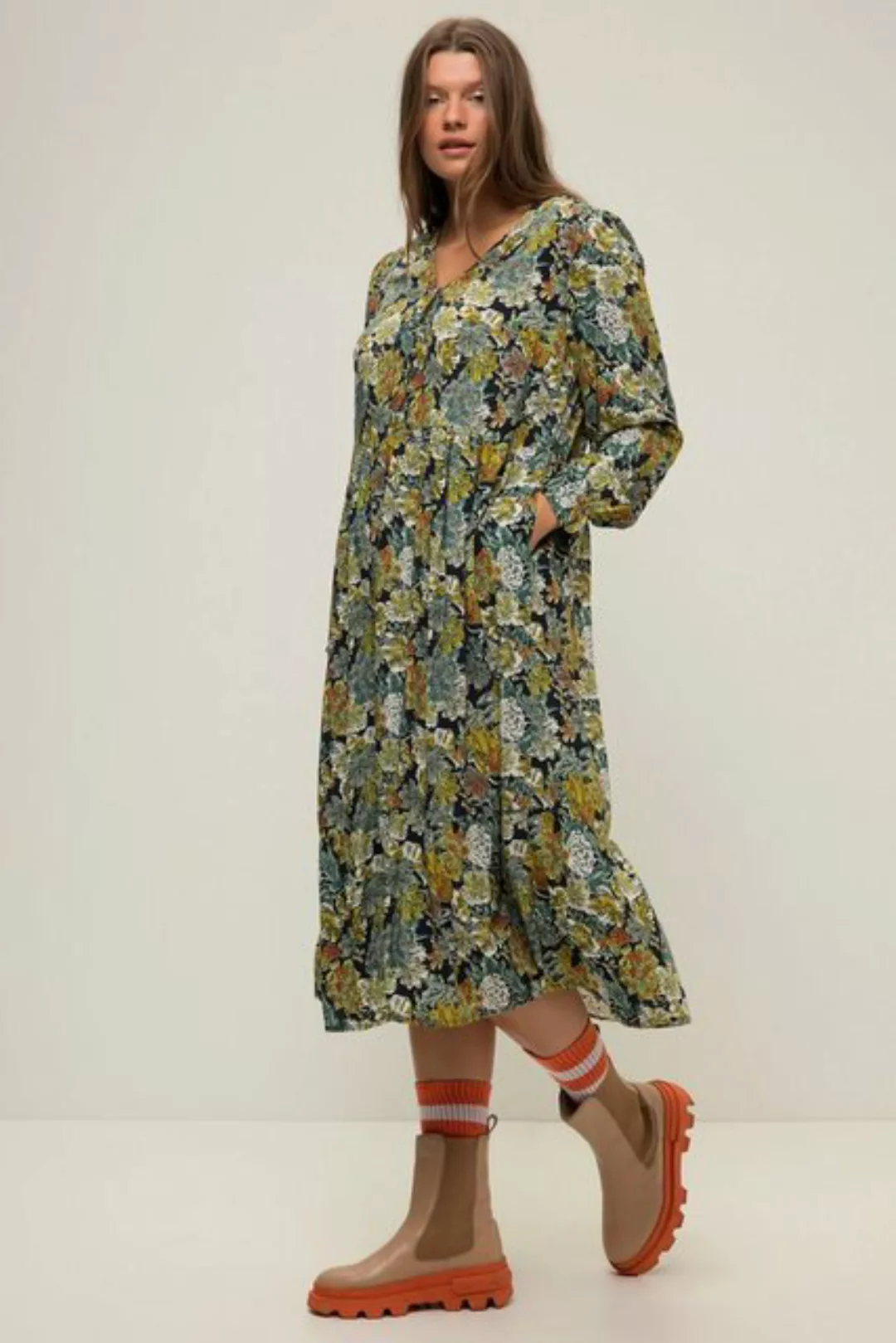 Studio Untold Jerseykleid Kleid A-Line Flower Print V-Ausschnitt Langarm günstig online kaufen