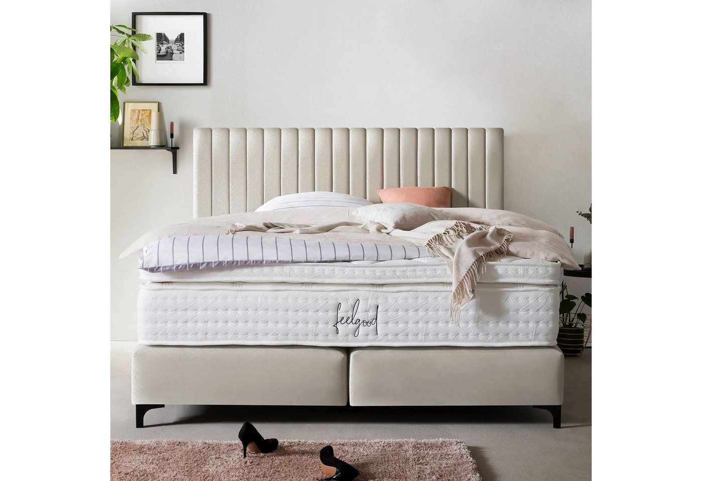 BettCo Boxspringbett Paris (in Creme Samt), Pfeifensteppung, Topper optiona günstig online kaufen