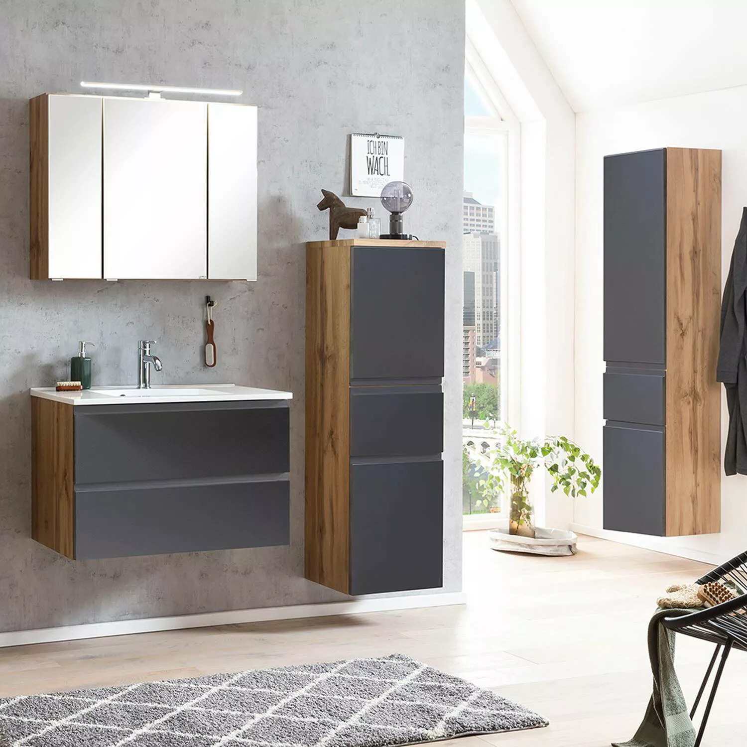 Badmöbel Komplett Set inkl. Waschbecken und LED Beleuchtung in Wotan Eiche günstig online kaufen
