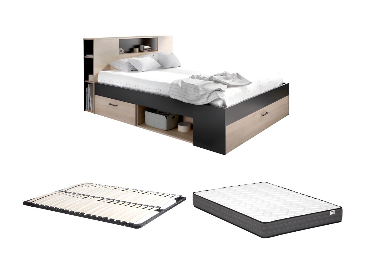 Bett mit Stauraum & Schubladen + Lattenrost + Matratze - 160 x 200 cm - Nat günstig online kaufen