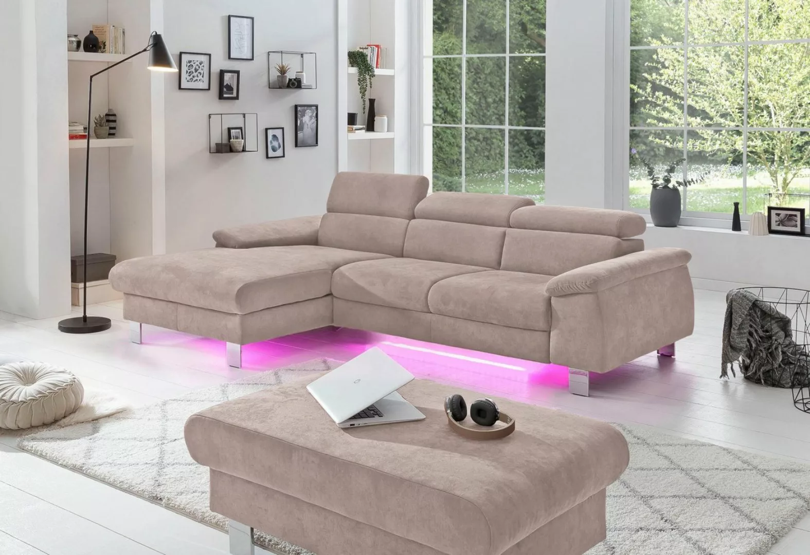 COTTA Ecksofa Komaris, Ecksofa, wahlweise mit RGB-LED-Beleuchtung und Bettf günstig online kaufen