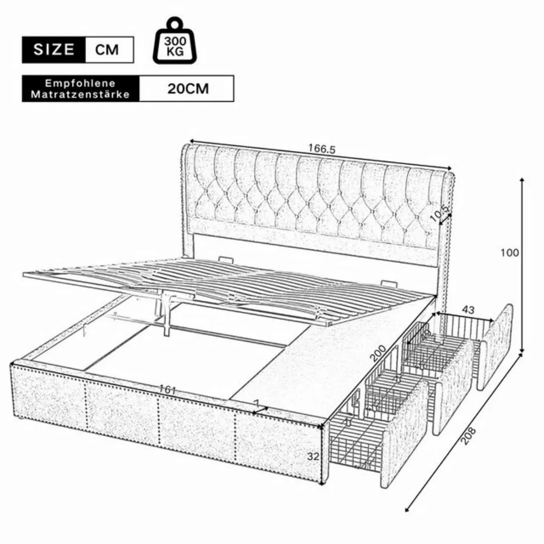 Flieks Polsterbett, Hydraulisches Stauraumbett Doppelbett 160x200cm mit 3 S günstig online kaufen