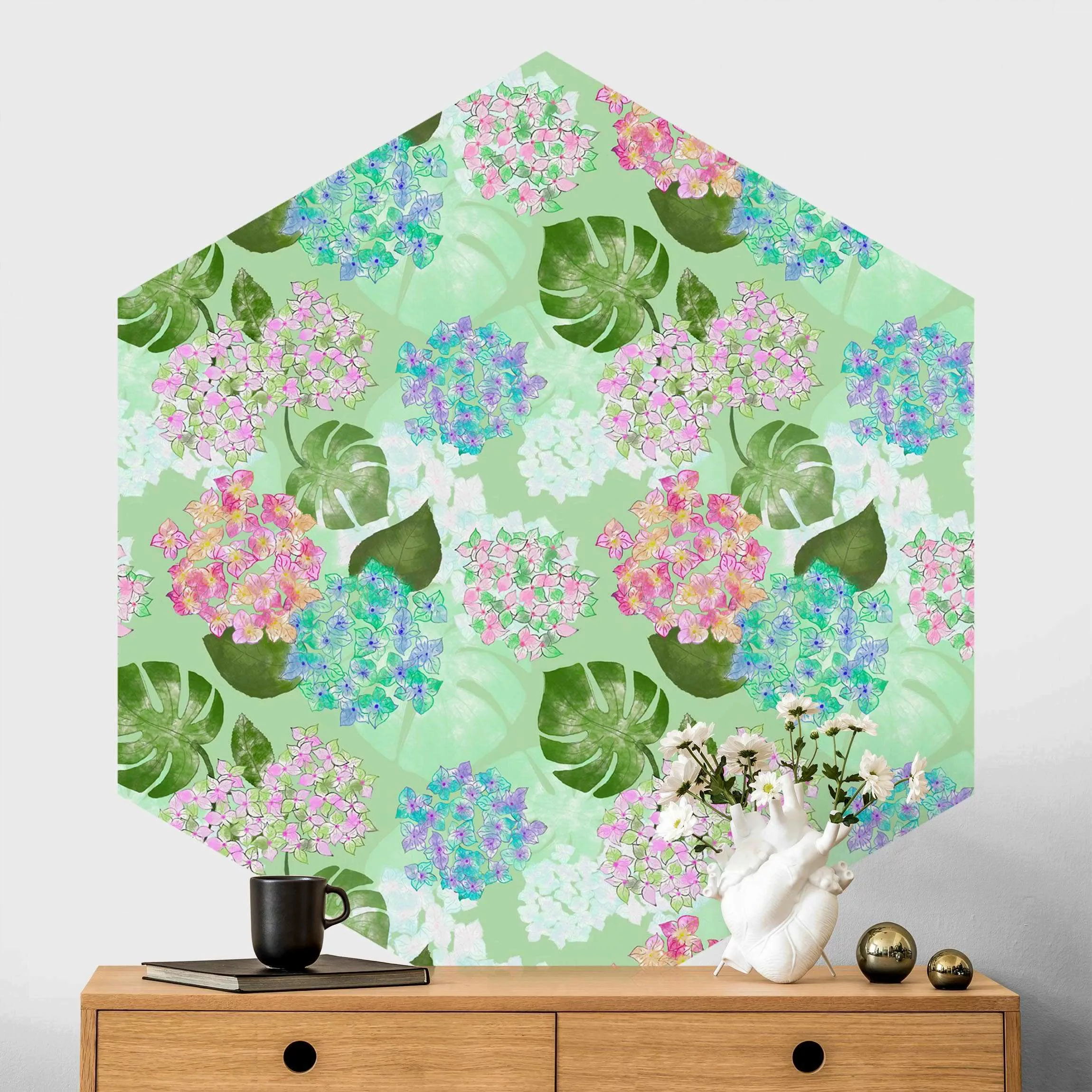 Hexagon Mustertapete selbstklebend Hortensie im Paradies Grün günstig online kaufen
