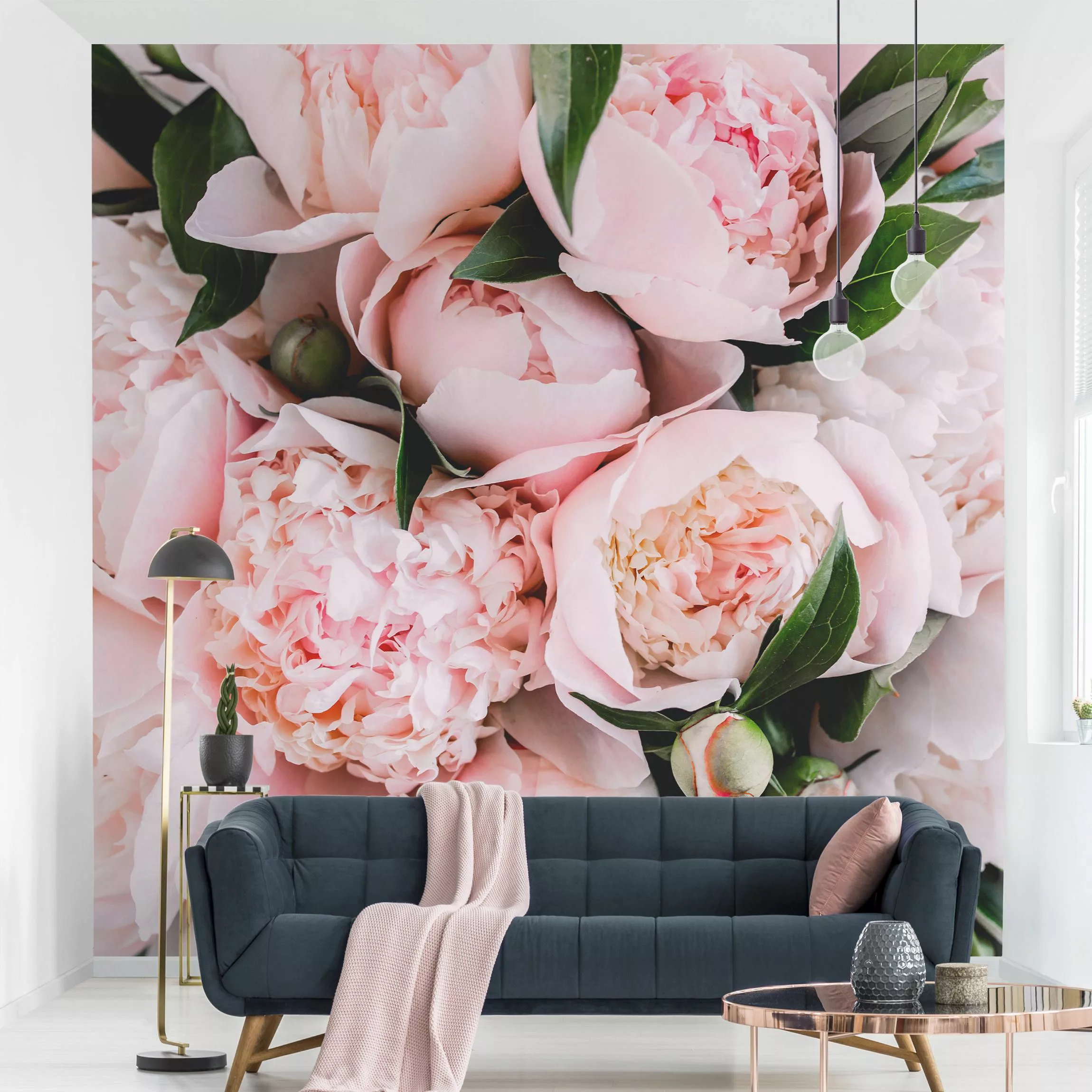 Bilderwelten Fototapete Rosa Pfingstrosen mit Blättern rosa Gr. 192 x 192 günstig online kaufen
