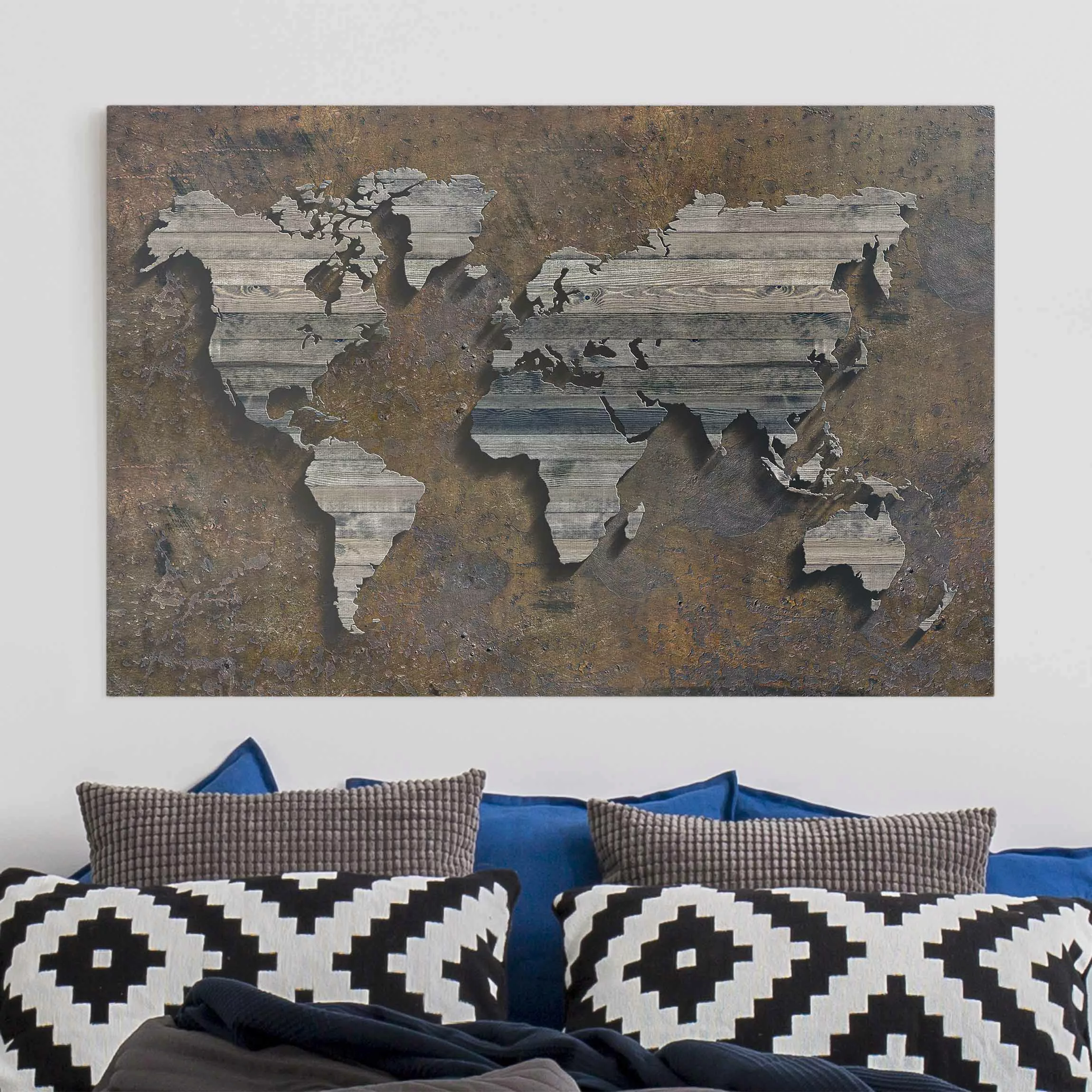 Leinwandbild Weltkarte - Querformat Holz Rost Weltkarte günstig online kaufen