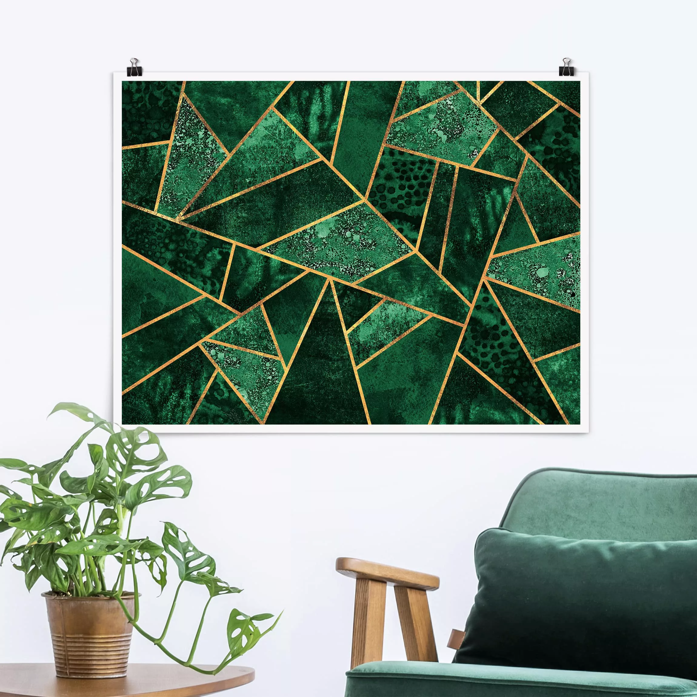 Poster Abstrakt - Querformat Dunkler Smaragd mit Gold günstig online kaufen