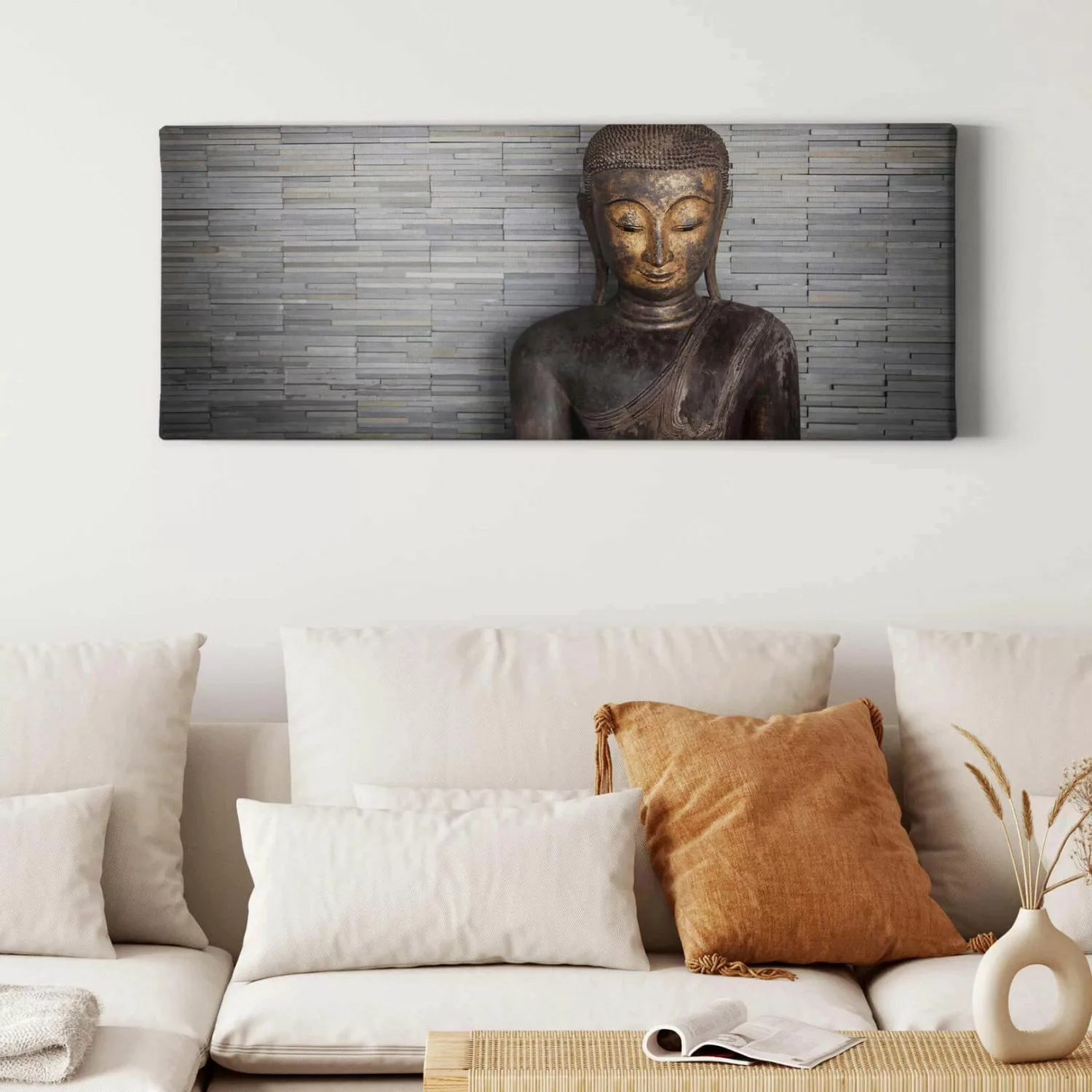 Bricoflor Buddha Leinwand In Steinoptik Buddha Bild In Gold Und Grau Ideal günstig online kaufen