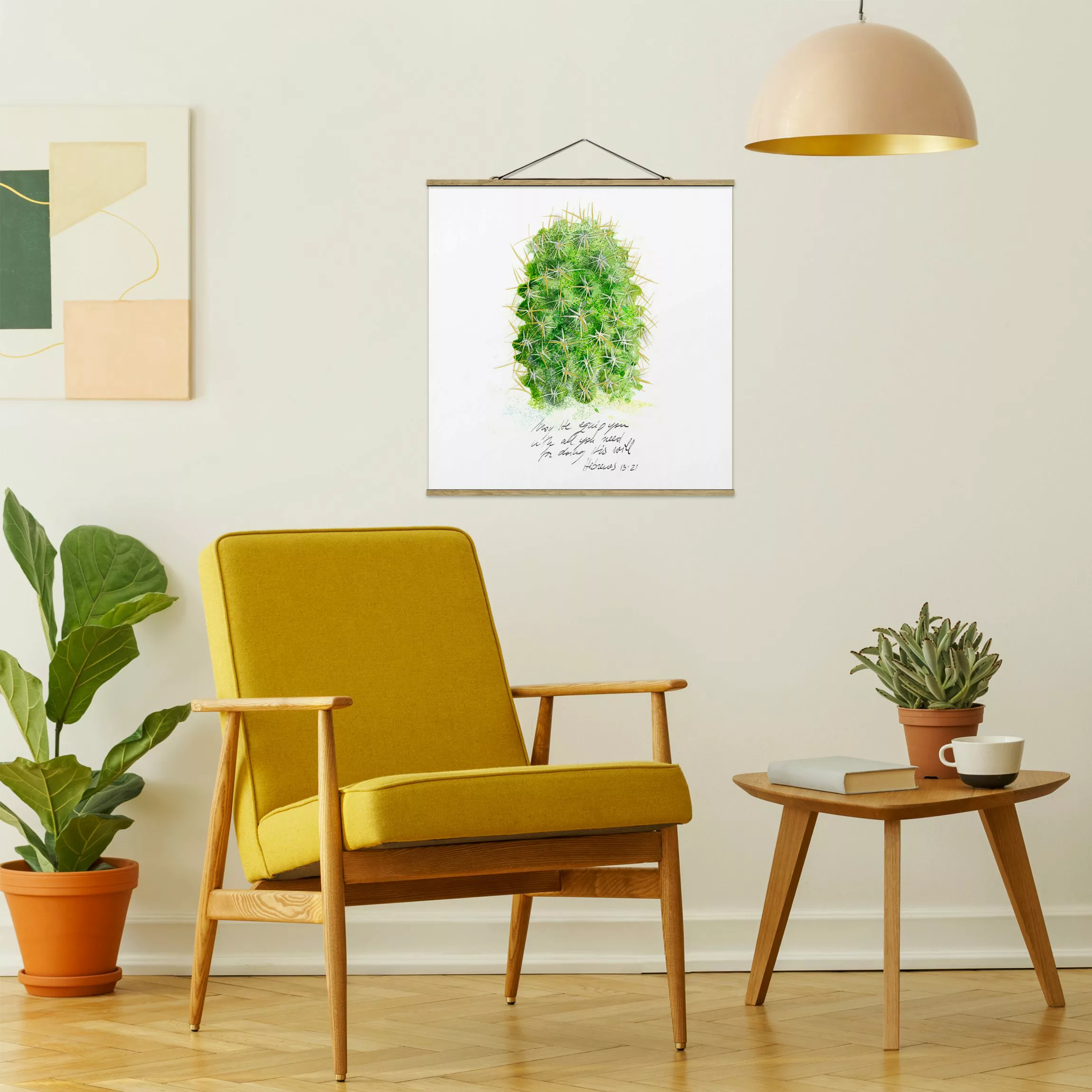 Stoffbild Blumen mit Posterleisten - Quadrat Kaktus mit Bibelvers I günstig online kaufen
