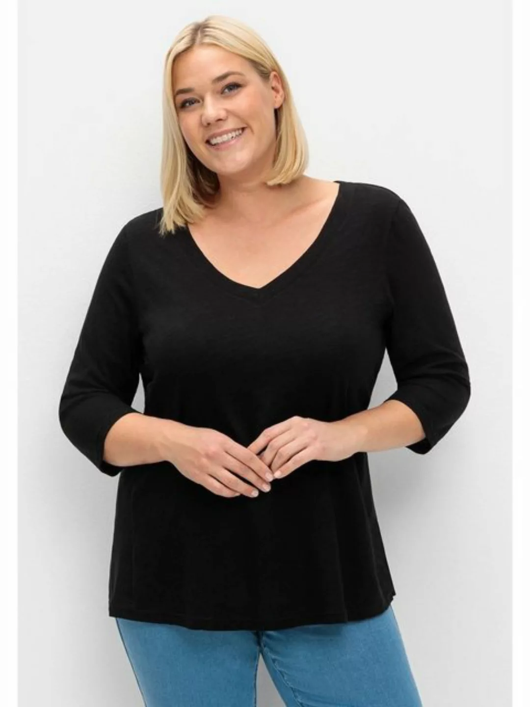 Sheego 3/4-Arm-Shirt Große Größen mit seitlichem Einsatz aus Webstoff günstig online kaufen