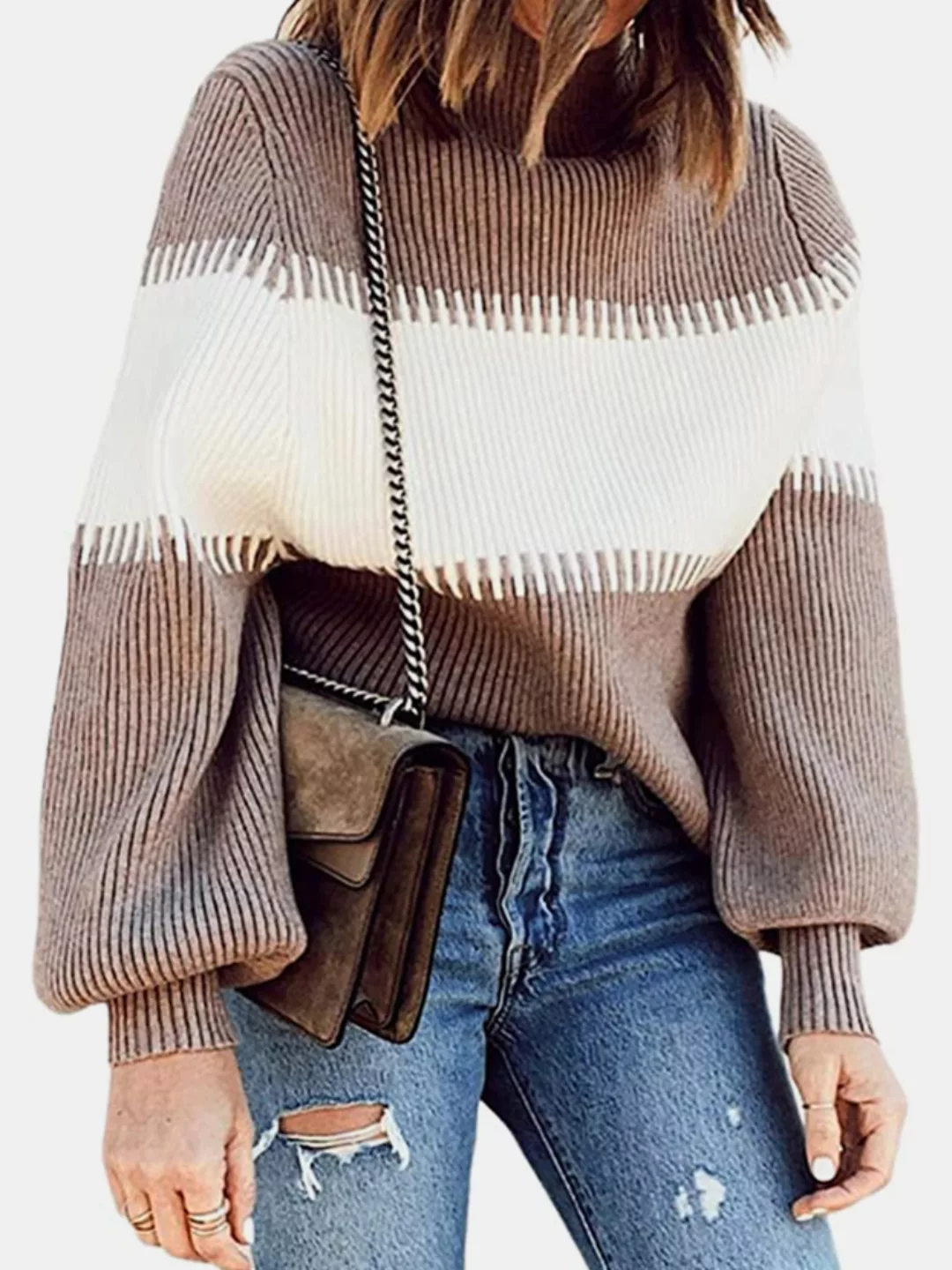 Kontrastfarbener Laternenärmel-Pullover mit O-Ausschnitt für Damen günstig online kaufen