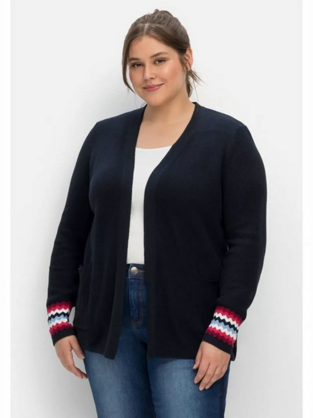 Sheego Cardigan Große Größen mit Kontrastmuster am Ärmelsaum günstig online kaufen