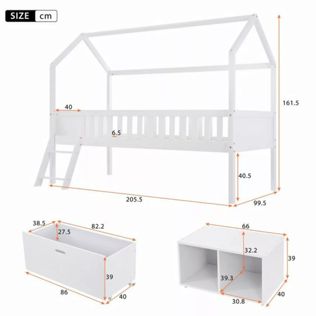 Flieks Hochbett Hausbett Kinderbett mit Ablagefächern 90x200cm Kiefer günstig online kaufen