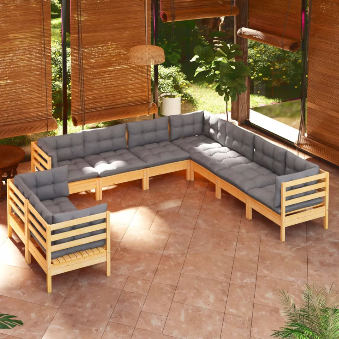 9-tlg. Garten-lounge-set Mit Grauen Kissen Massivholz Kiefer günstig online kaufen