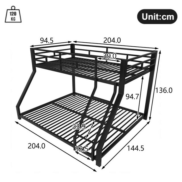 Flieks Etagenbett, Metallbett 90x200cm+140x200cm mit Schrägleiter und Gelän günstig online kaufen